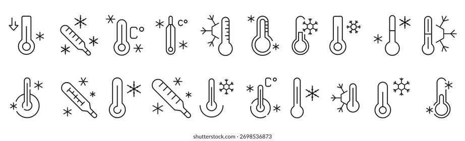 Termômetro e coleção de ícones de linha de neve. Outline Signs para Gráficos e Web Design, Apps, Anúncios, Vários Cartões