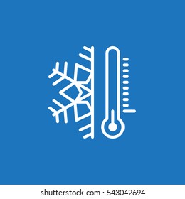 Thermometer and snowflake line icon, outline vector sign, linear white pictogram isolated on blue. Cold temperature symbol, logo illustration