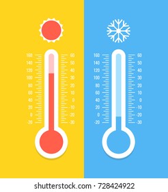 Thermometer and snowflake, sun icons. Celsius and fahrenheit. Measuring hot and cold temperature. Vector illustration.