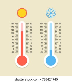 Thermometer and snowflake, sun icons. Celsius and fahrenheit. Measuring hot and cold temperature. Vector illustration.