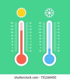 Thermometer and snowflake, sun icons. Celsius and fahrenheit. Measuring hot and cold temperature. Vector illustration.