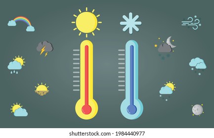thermometer and snowflake with sun, Snow and sunny days, clouds and snow, rainbow, moon, wind and thermometer, illustration.