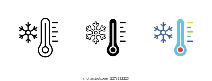 Thermometer with a snowflake symbol on it, indicating the temperature is below freezing point. Vector set of icons in line, black and colorful styles isolated.