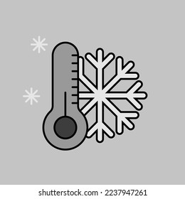 Icono aislado de escala de grises del vector termómetro y copo de nieve. Termómetro frío. Señal de invierno. Símbolo gráfico del sitio web de viajes y turismo y diseño de aplicaciones, logotipo, aplicación, interfaz de usuario