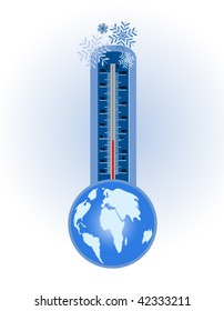 Thermometer mit Schneeflocken oben und unten weltweit - kaltes Winterkonzept