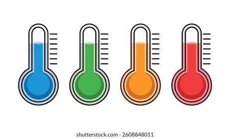 Thermometer Spectrum: An illustrated set of four thermometers displaying a range of colorful temperatures, symbolizing variations, weather conditions and scientific concepts.