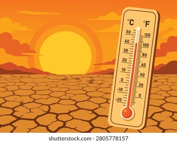 Thermometer standing on cracked drought affected ground beneath intense sunlight illustrating extreme heat conditions environmental stress climate change impacts and prolonged dry weather challenges