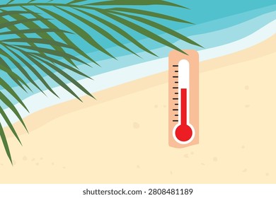 thermometer standing on a sandy beach under a palm tree, representing hot weather, summer heat, tropical climate, vacation, rising temperatures, heatwaves, and climate change - vector illustration