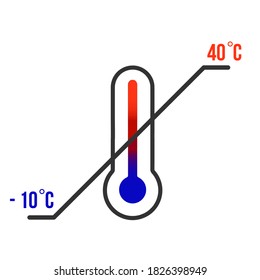 Thermometer. Storage temperature range symbol. Black thermometer icon with diagonal line and degrees sign value. Some standard versions and legend included.