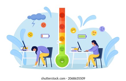 Termómetro como nivel de estrés, escala de ánimo. Eficiencia y agotamiento del trabajo. Empleado productivo vs trabajador agotado. Cansada mujer sobrecargada de trabajo y feliz con batería de energía completa y baja trabajando en computadora