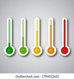 Thermometer as stress level scale emotions. Stress level scale emotions. Color level indicator.