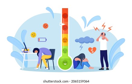 Thermometer as stress level scale emotions. Scale with arrow from red to green. Frustration and stress, Emotional overload, burnout, overworking, depression diagnosis. Mental disorder