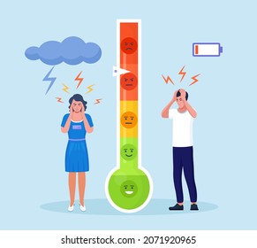 Thermometer as stress level scale emotions. Scale with arrow from red to green. Frustration and stress, Emotional overload, burnout, overworking, depression diagnosis. Mental disorder