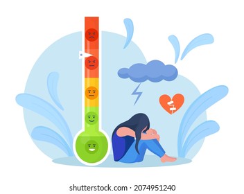 Thermometer as stress level scale emotions, mood. Unhappy girl crying, covering her face, hugs her knees. Frustration and stress, emotional overload, burnout, overworking, depression. Vector design