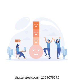 Thermometer as stress level scale emotions, mood, Fully charged active mentally healthy employee,  flat vector modern illustration 