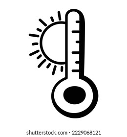 Thermometer and sun, concept of hot day doodle icon 