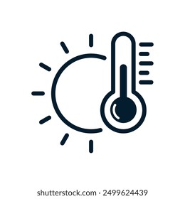 Termómetro, sol. Concepto caliente, control de temperatura. Icono lineal de Vector aislado sobre fondo blanco.