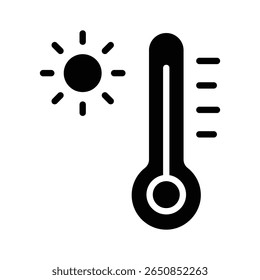 Thermometer with sun denoting hot temperature concept, glyph icon