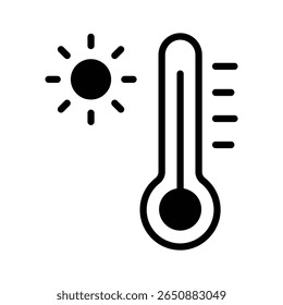 Thermometer with sun denoting hot temperature concept, glyph icon