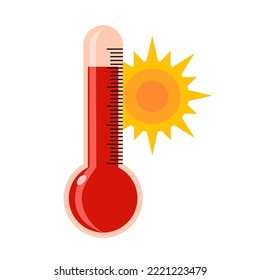 Thermometer with sun in flat design on white background. Hot summer heat weather concept vector illustration.