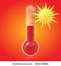 Thermometer With Sun Graphic Icon. Thermometer With Hot Weather Sign. Isolated Symbol On Orange Background. Vector Illustration