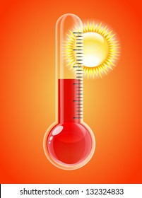 Thermometer with sun. Hot weather. Vector illustration
