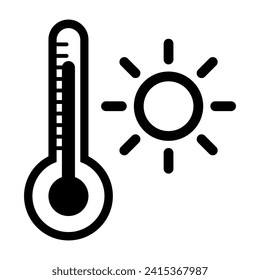 Thermometer and sun icon black and white high temperature