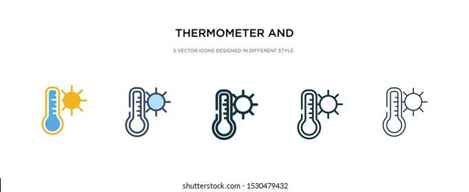 thermometer and sun icon in different style vector illustration. two colored and black thermometer and sun vector icons designed in filled, outline, line stroke style can be used for web, mobile, ui