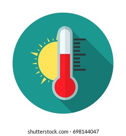 Thermometer and sun icon in flat style with long shadow