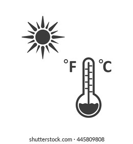 Thermometer in the sun icon. Flat vector illustration in black on white background. EPS 10