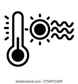 Thermometer and sun icon with heat waves on white background icon