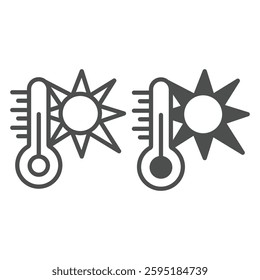 Thermometer and sun light rays line and solid icon, climate change concept. Vector graphics. Hot weather, temperature heating sign on white background, outline style icon for mobile or web design