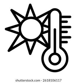 Thermometer and sun light rays line icon, climate change concept. Vector graphics. Hot weather temperature, heating sign on white background, style mobile or design