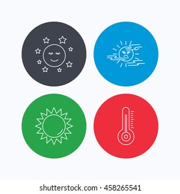 Thermometer, sun and mist icons. Moon night linear sign. Linear icons on colored buttons. Flat web symbols. Vector