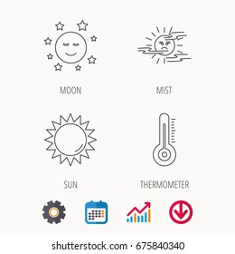 Thermometer, sun and mist icons. Moon night linear sign. Calendar, Graph chart and Cogwheel signs. Download colored web icon. Vector