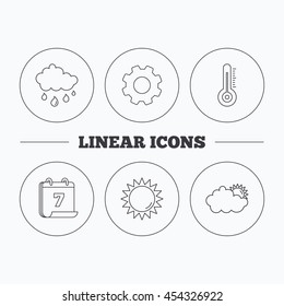 Thermometer, sun and rain icons. Clouds linear sign. Flat cogwheel and calendar symbols. Linear icons in circle buttons. Vector