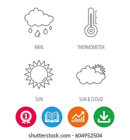 Thermometer, sun and rain icons. Clouds linear sign. Award medal, growth chart and opened book web icons. Download arrow. Vector
