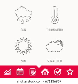 Thermometer, sun and rain icons. Clouds linear sign. Edit document, Calendar and Graph chart signs. Star, Check and House web icons. Vector