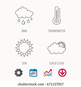 Thermometer, sun and rain icons. Clouds linear sign. Calendar, Graph chart and Cogwheel signs. Download colored web icon. Vector