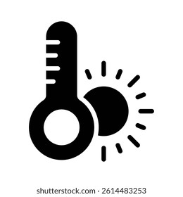 A thermometer with a sun representing high temperatures and summer heat.