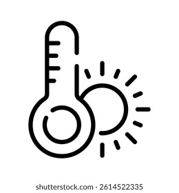 A thermometer with a sun representing high temperatures and summer heat.