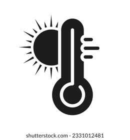 Thermometer with Sun Silhouette Icon. Hot Temperature Glyph Pictogram. Heat Sunny Day Symbol. Climate Change, Warm Weather, Global Warming Solid Sign. Isolated Vector Illustration.