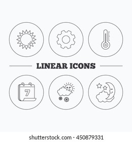 Thermometer, sun and snow icons. Moon night linear sign. Flat cogwheel and calendar symbols. Linear icons in circle buttons. Vector