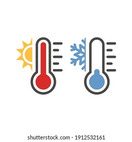 Thermometer with sun and snowflake icon set. Vector weather symbol set for warm, hot, cold temperature. 