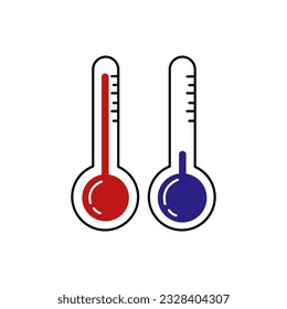 Thermometer with sun and snowflake icon set. Vector weather symbol set for warm, hot, cold temperature. Temperature weather thermometers with celsius and fahrenheit scale. Thermostat meteorology icons