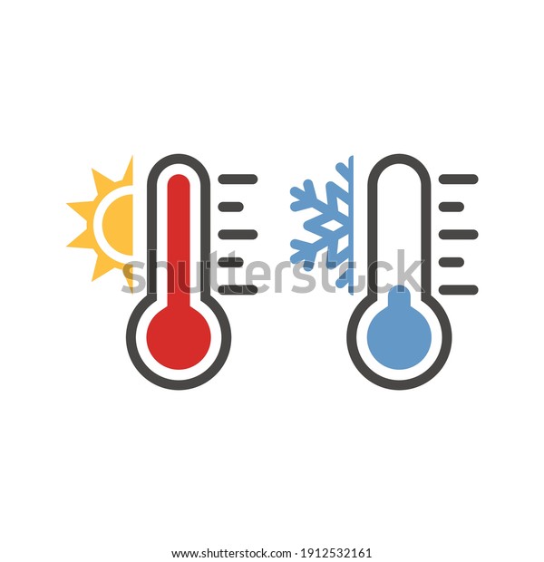 Thermometer with sun and\
snowflake icon set. Vector weather symbol set for warm, hot, cold\
temperature. 