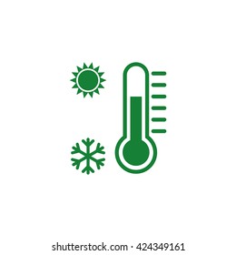 Thermometer with sun and snowflake symbols. Vector icon green
