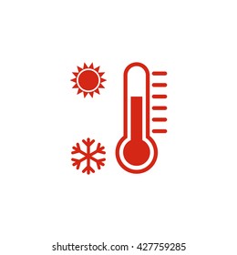 Thermometer with sun and snowflake symbols. Vector icon red
