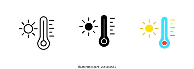 Thermometer and sun. Summer, heat, warming, Celsius, Kelvin, Fahrenheit. Vector set icon in line, black and colorful styles isolated on white background