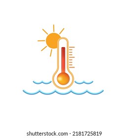 Thermometer with sun and waves in 3d style isolated on white background. Forecast, climate and meteorology icons. Temperature symbol.